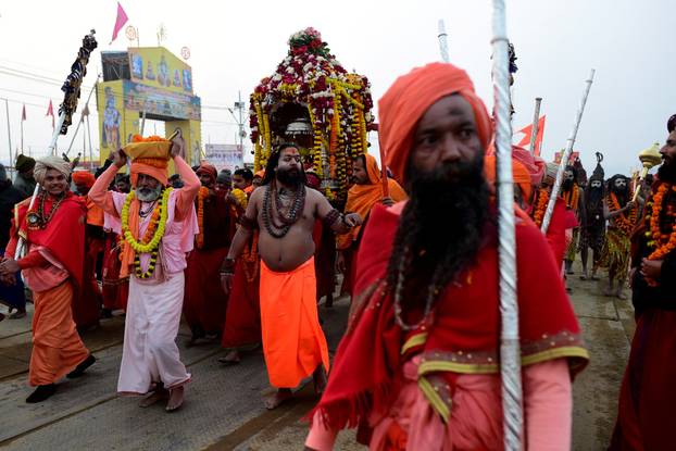 The arrival of the members of an akhara or sect of sadhus for the upcoming "Maha Kumbh Mela" in Prayagraj