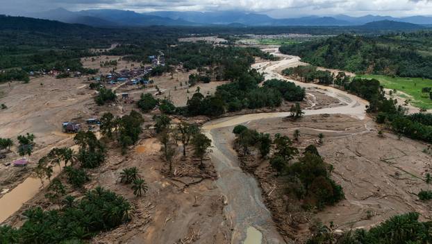 A drone view shows devastated area following deadly flash flood in Batang Toru, North Sumatra province