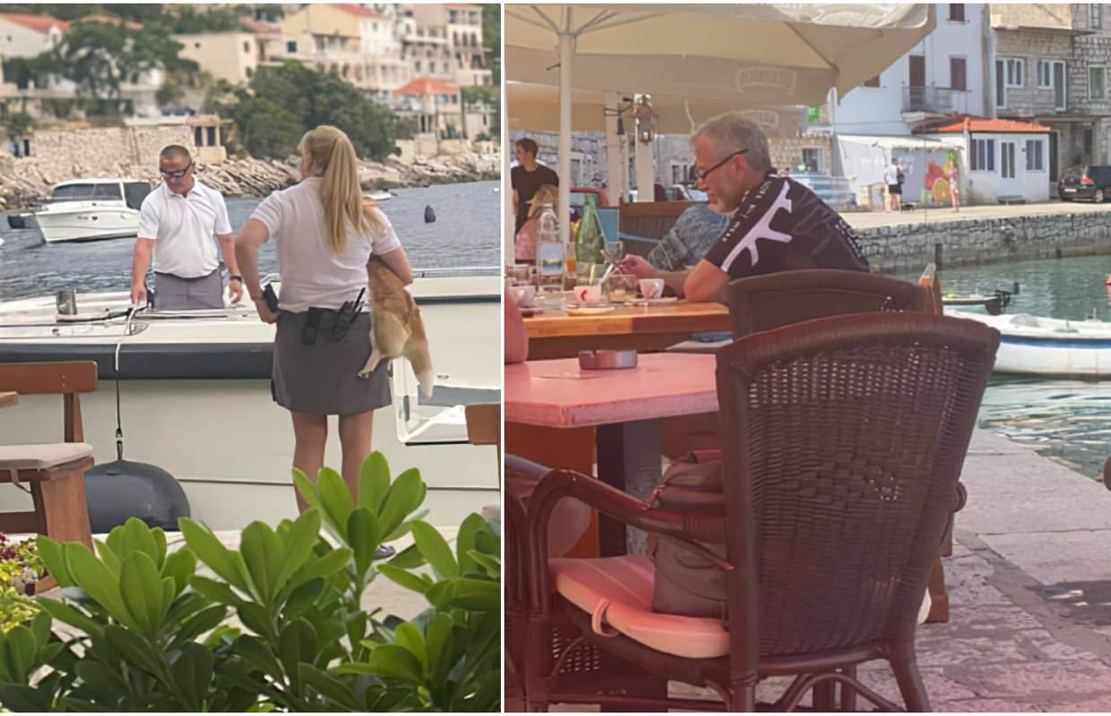 Abramovič u kafiću pije vodu, za to vrijeme osiguranje šeće psa