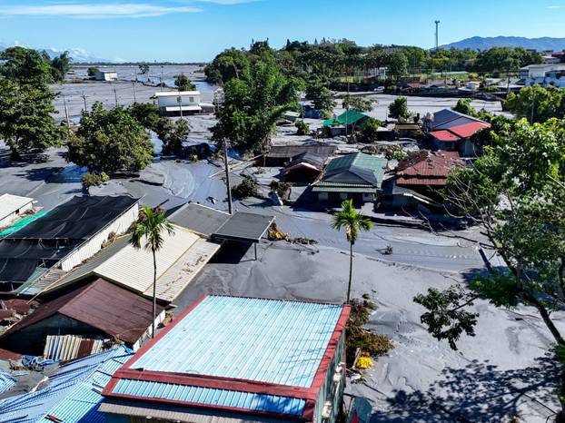 A drone view shows mud covering areas of Hualien