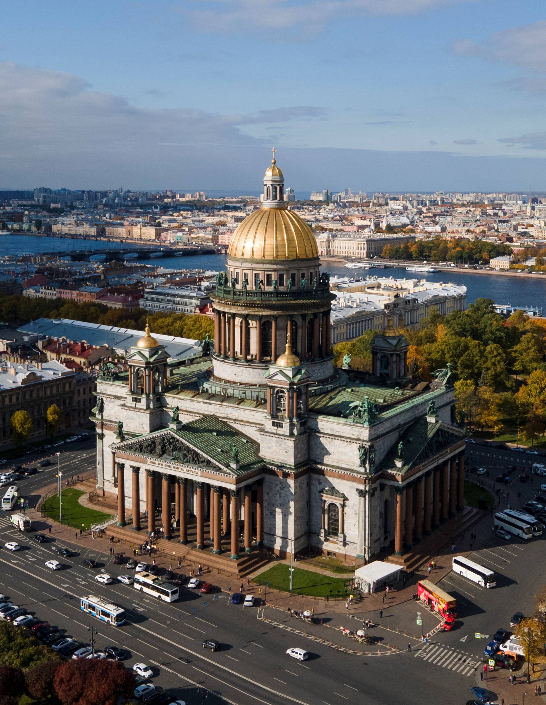 An aerial view shows St. Isaac's Cathedral in central Saint Petersburg