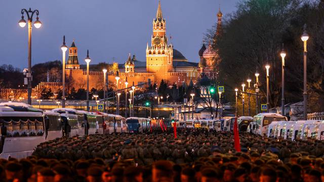 Russian servicemen arrive at a rehearsal for the Victory Day military parade in Moscow