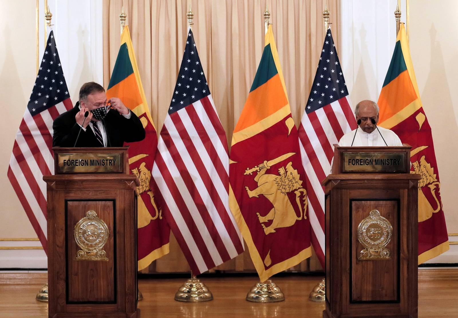 U.S. Secretary of State Mike Pompeo attends a bilateral meeting with Sri Lanka's Foreign Minister Dinesh Gunawardena in Colombo