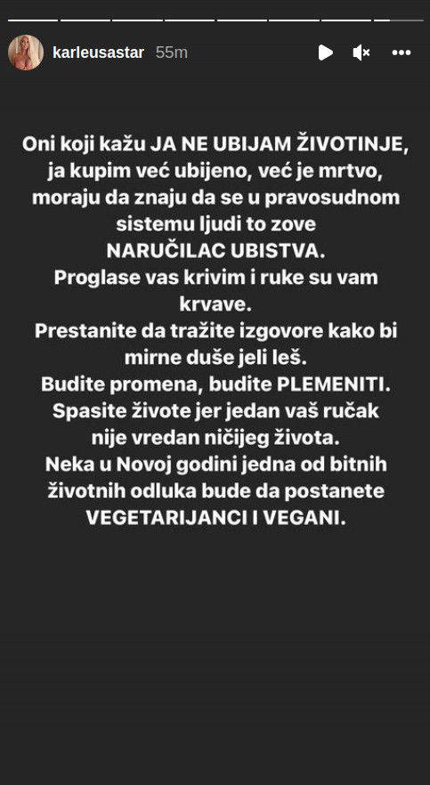 Karleuša prozvala sve koju jedu meso: 'Naručitelji ste ubojstva! Ruke su vam krvave, znajte to'