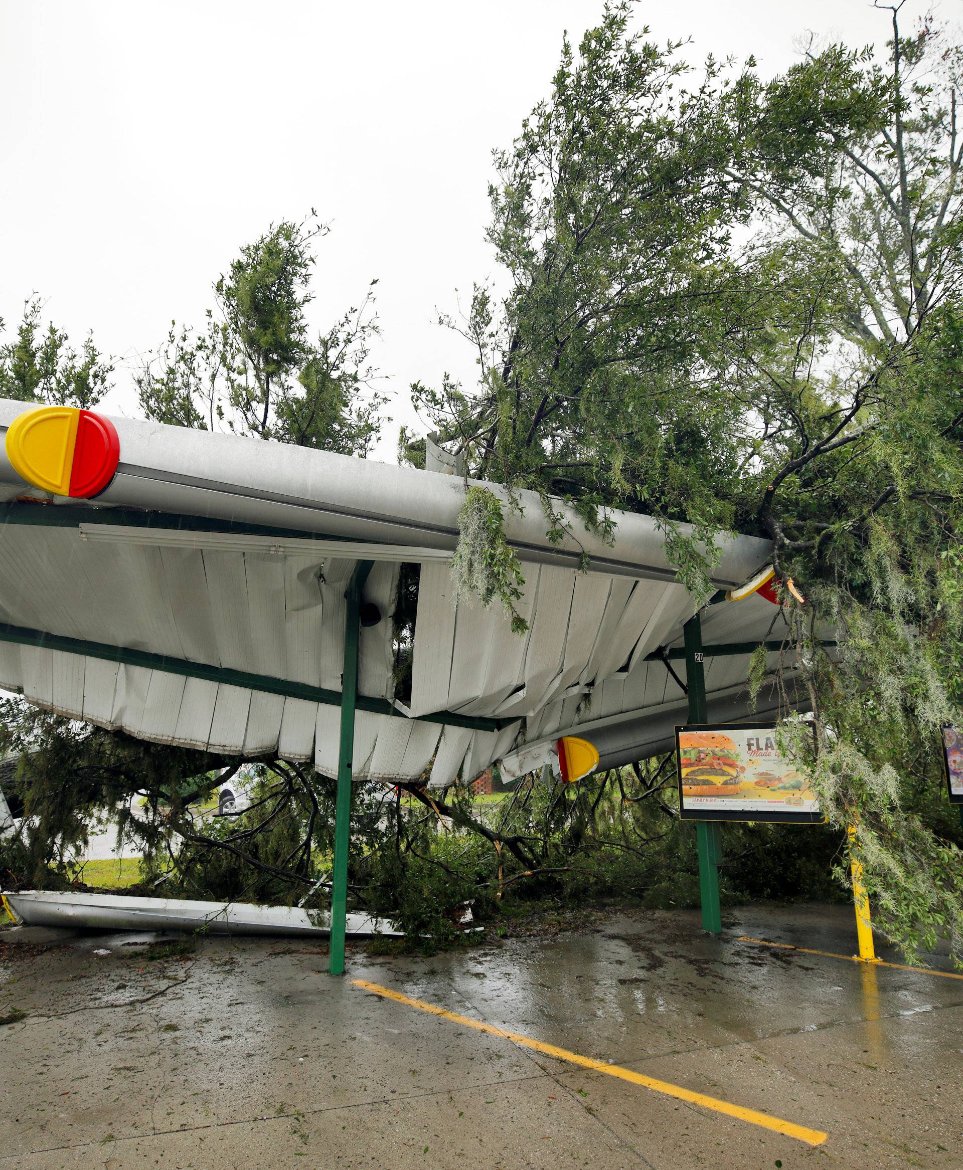 A fallen tree lies atop the crushed roof of a fast food restaurant after the arrival of Hurricane Florence in Wilmington, North Carolina