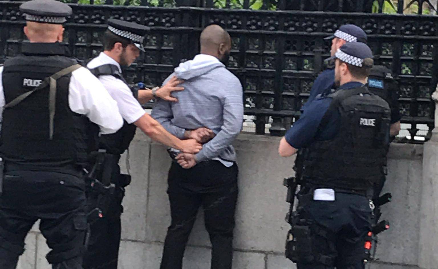 Police officers detain a man outside the Palace of Westminster, in central London