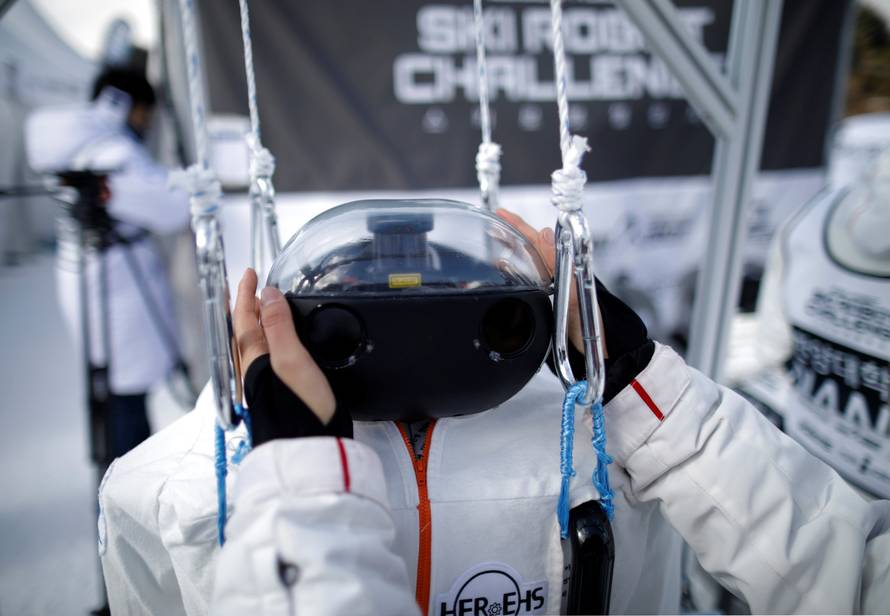 A robot is seen at the Ski Robot Challenge at a ski resort in Hoenseong