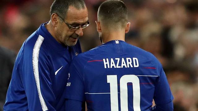 FILE PHOTO: Chelsea's Eden Hazard talks to manager Maurizio Sarri at Anfield, Liverpool, Britain - September 26, 2018