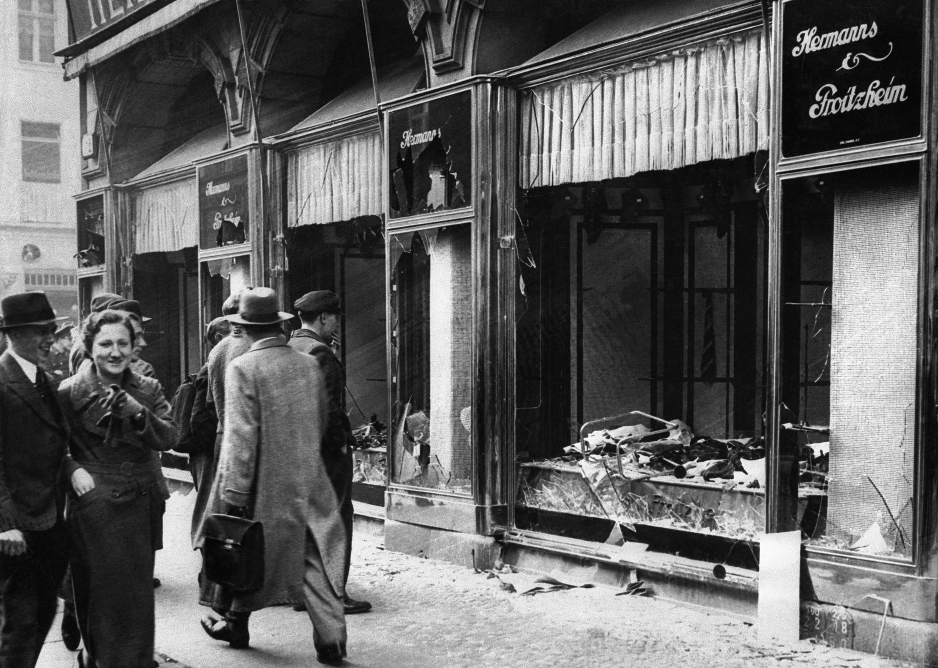 Germany: Shattered storefront of a Jewish-owned shop destroyed during Kristellnacht, Berlin, 1938