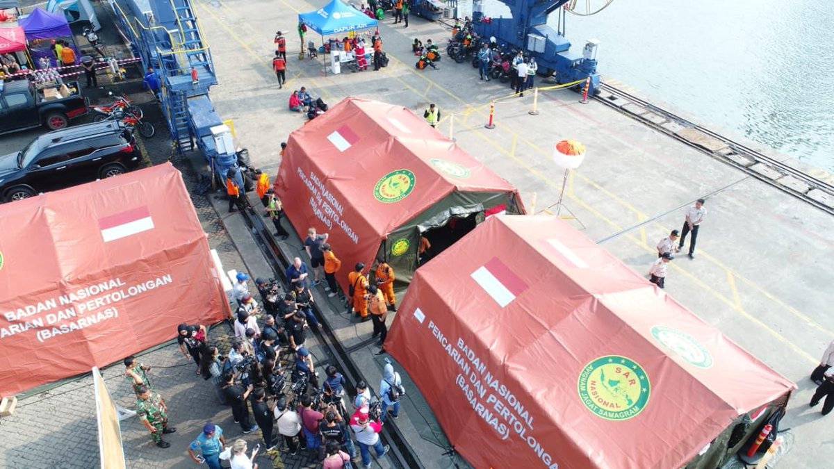 Aerial view of tentage setup by Basarnas for the search and rescue operations for the crashed Lion Air flight JT610, at a port in Jakarta
