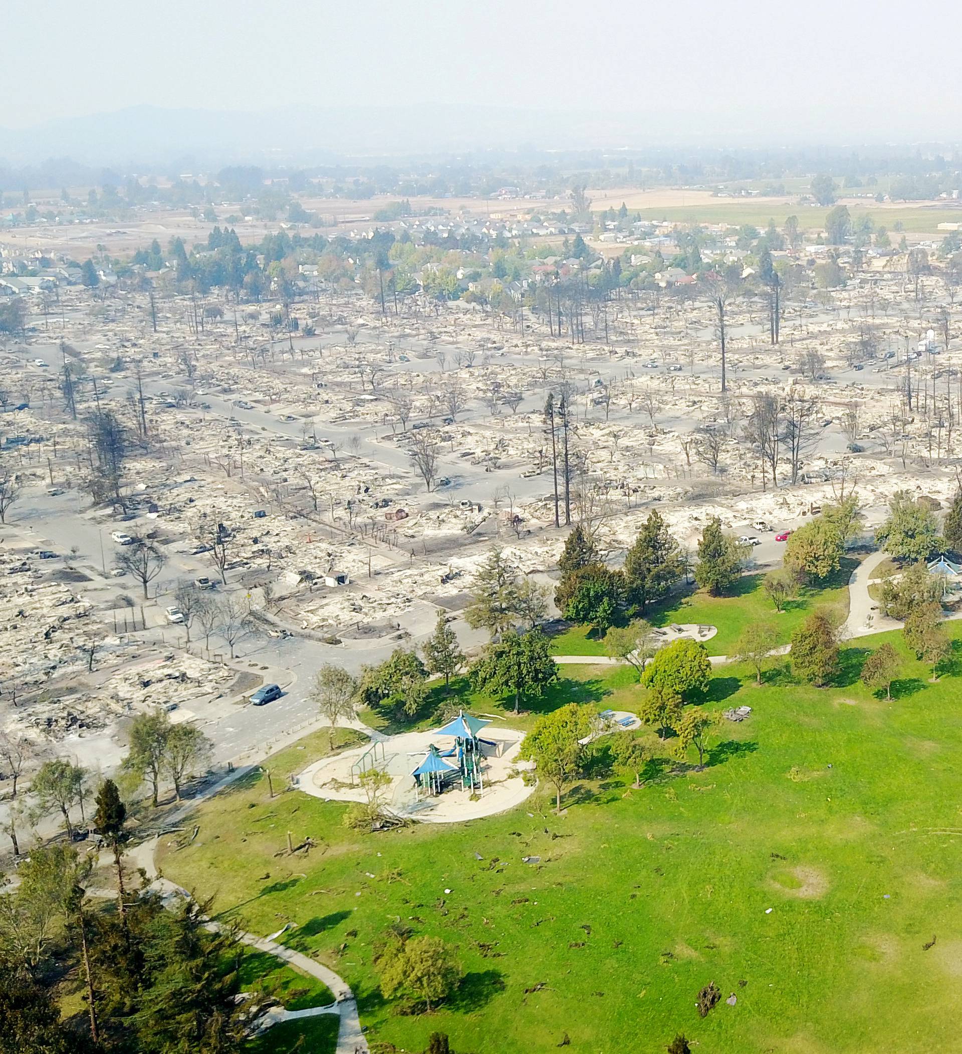 An aerial shows damage caused by wildfires in Santa Rosa