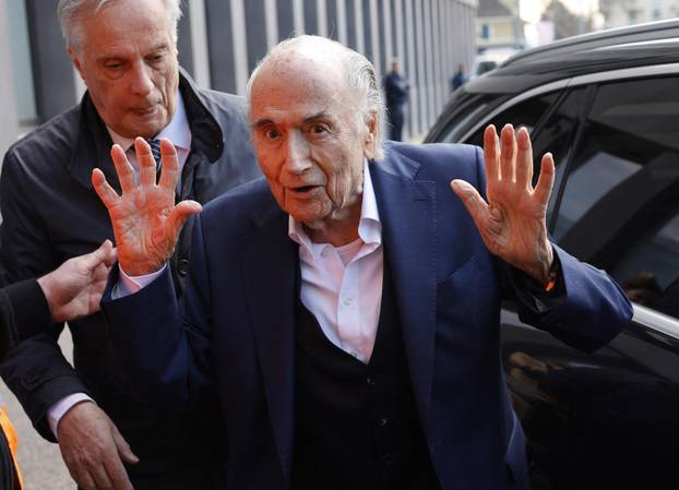 Former FIFA President Sepp Blatter and former UEFA President Michel Platini arrive at the tribunal for their verdict on corruption charges in Muttenz, March 25, 2025.