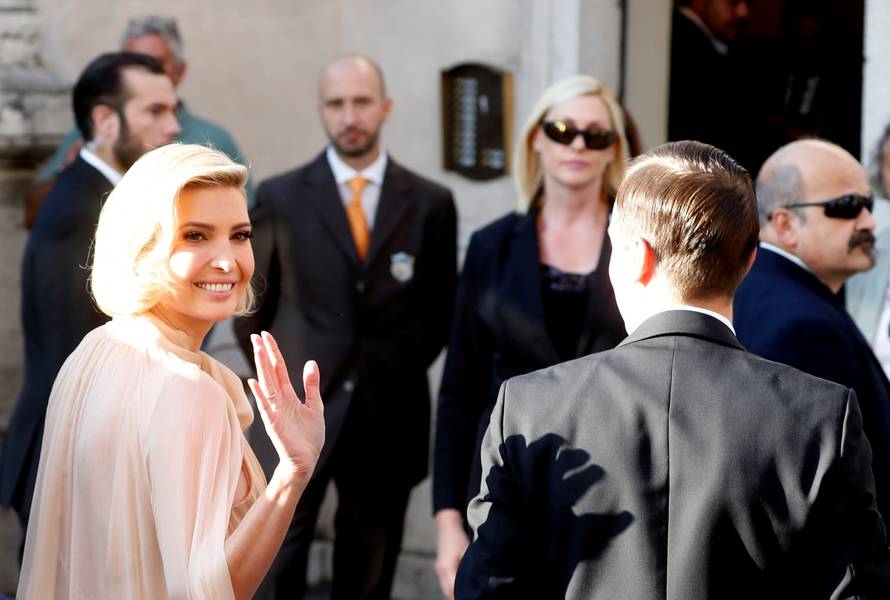 Fashion designer Misha Nonoo arrives for her wedding at Villa Aurelia in Rome