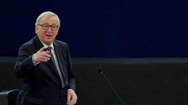 European Commission President Juncker delivers a speech during a debate on the Future of Europe at the European Parliament in Strasbourg