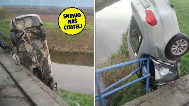 VIDEO Kod Vinkovaca strašan prizor: Sletio s ceste, auto zapeo na mostu, ograda probila staklo