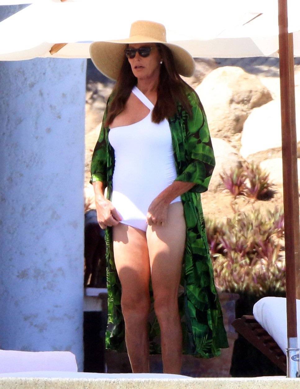 Caitlyn Jenner celebrates her birthday by soaking up the sun in a one piece swimsuit with Sophia Hutchins in  Los Cabos, Mexico,