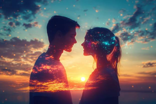 Couple shares a romantic moment during sunset with a vibrant sky full of colors
