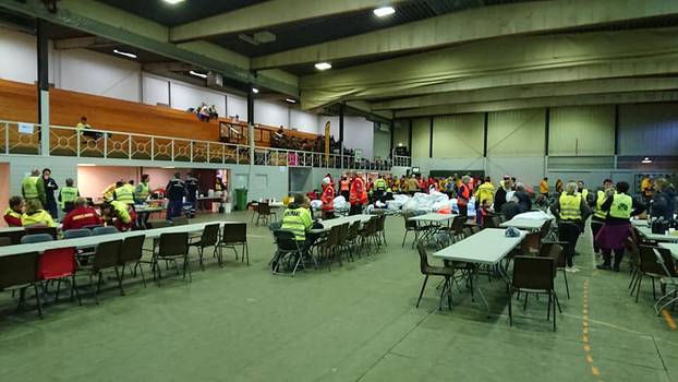 Social media picture of personnel and volunteers involved in the rescue and evacuation of cruise ship Viking Sky in a local sports hall named Brynhallen in Hustad
