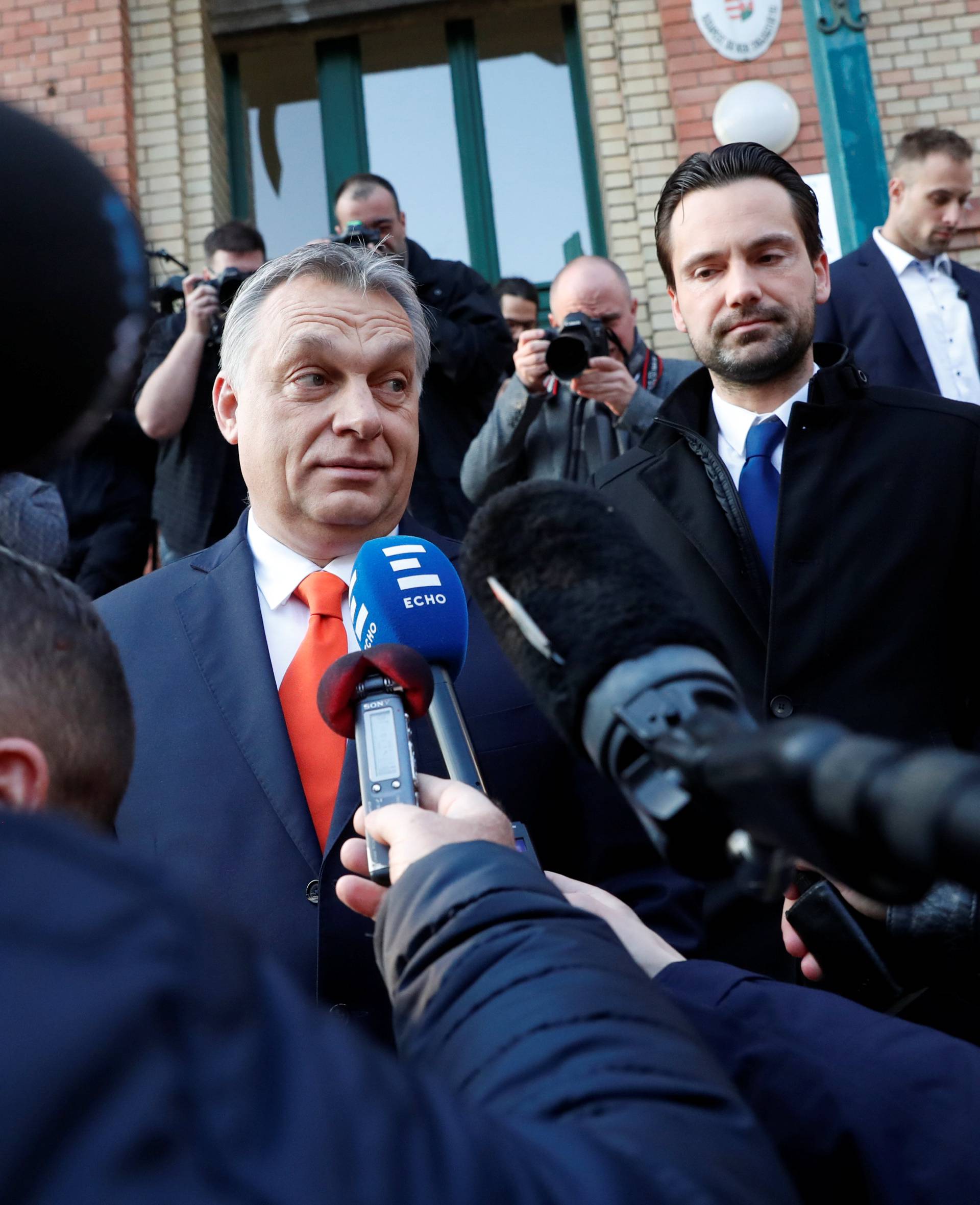 Current Hungarian Prime Minister Viktor Orban gives a statement to the media after leaving a polling station during Hungarian parliamentary election in Budapest