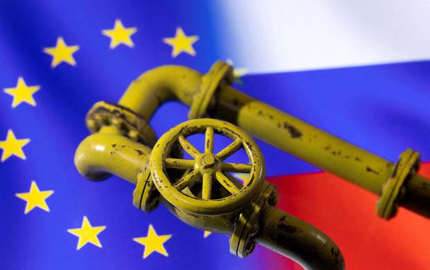 FILE PHOTO: Illustration shows Natural Gas Pipes and EU and Russian flags