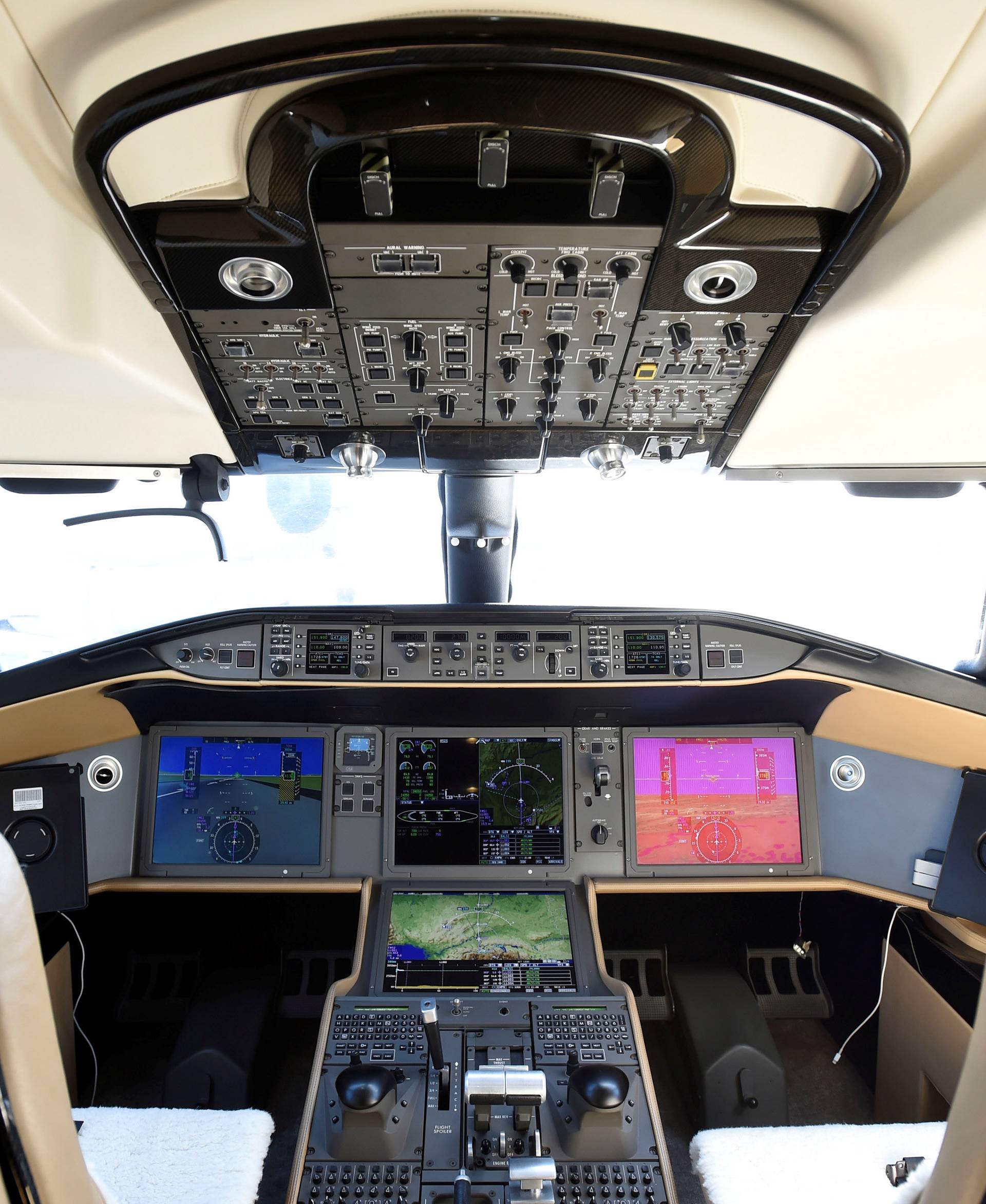The cockpit of a mock-up Bombardier Global 7000 business jet is seen during the National Business Aviation Association at the Henderson Executive Airport in Henderson