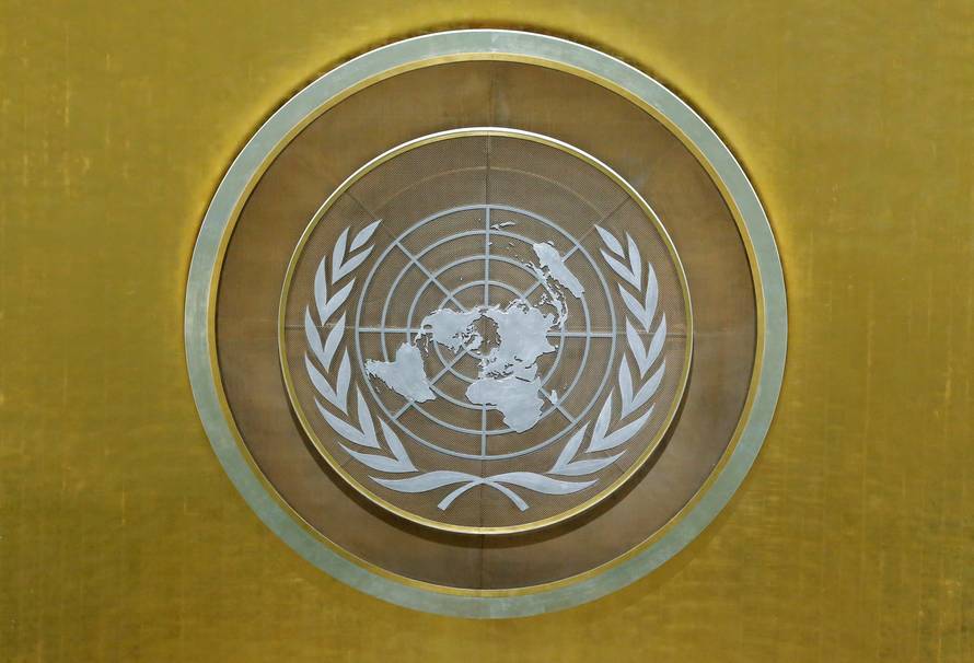 FILE PHOTO: The United Nations logo is seen in the U.N. General Assembly hall at U.N. headquarters in New York