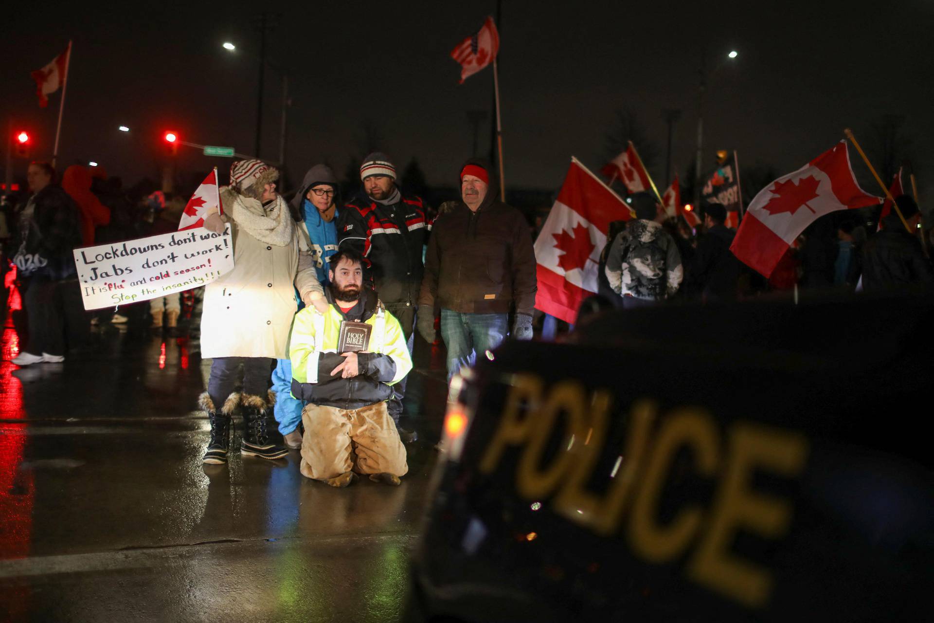 Truckers and supporters continue to protest against COVID-19 vaccine mandates, in Windsor