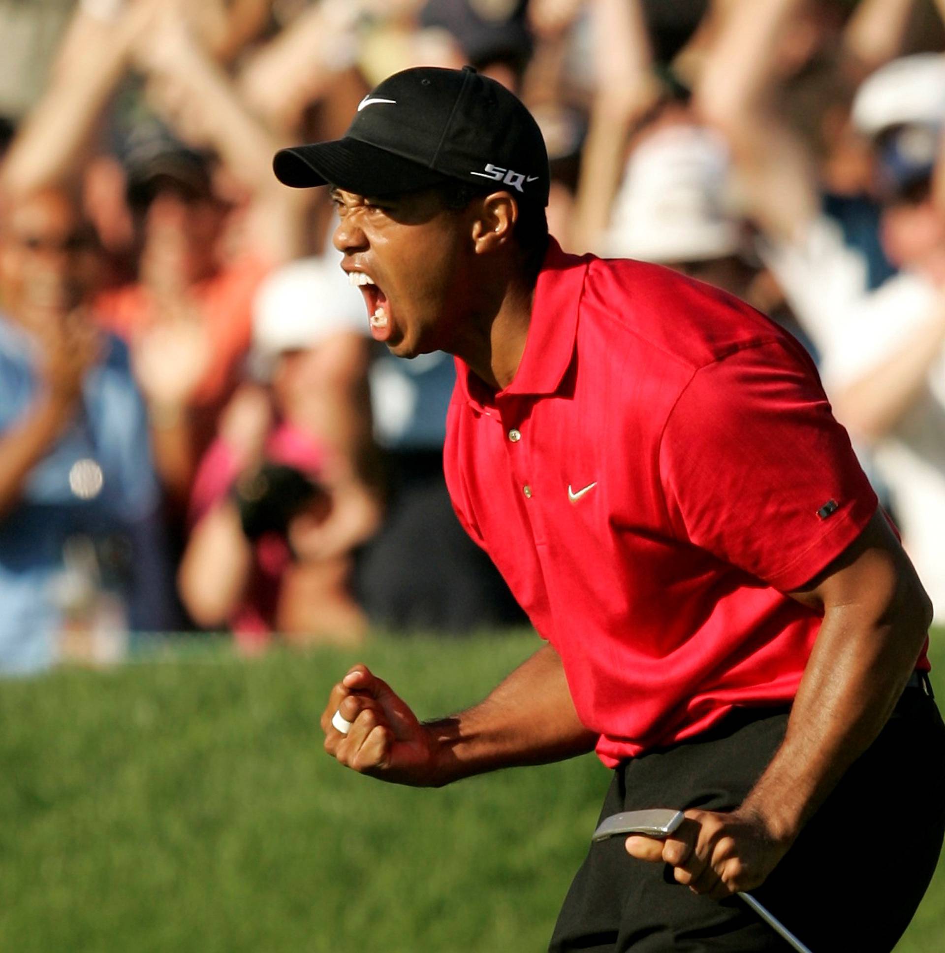FILE PHOTO: Tiger Woods celebrates after making a birdie on the 18th hole during the final round of the U.S. Open golf championship at Torrey Pines in San Diego