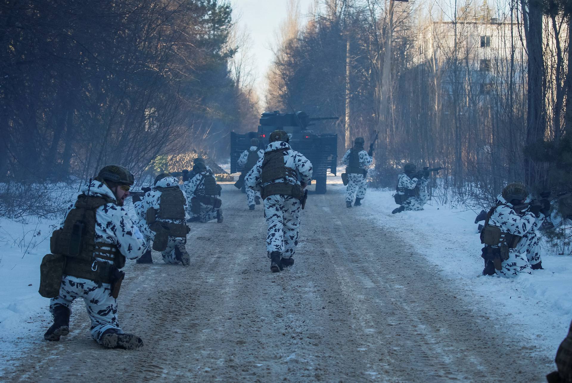 Ukrainian armed forces hold drills in the abandoned city of Pripyat