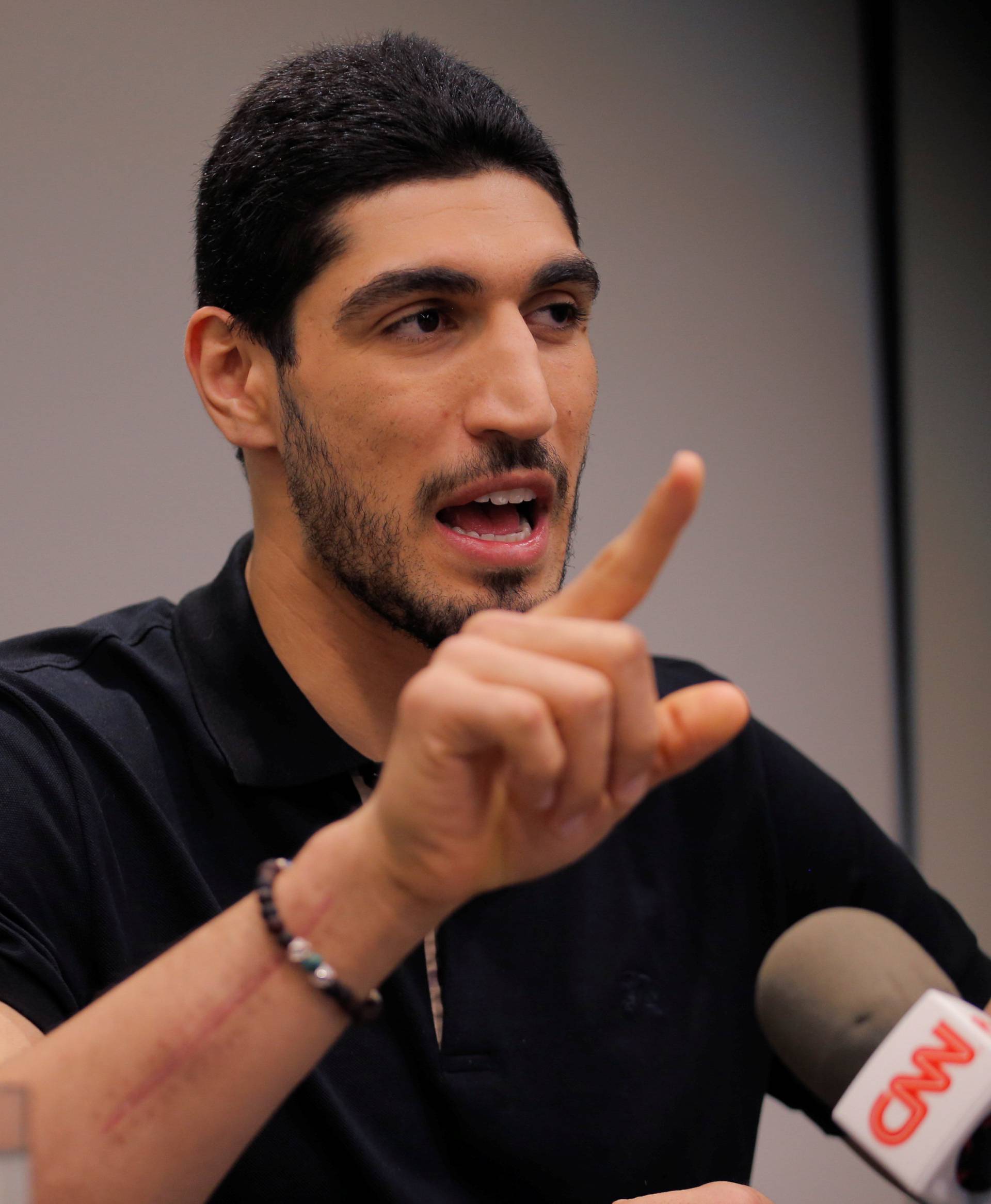 Turkish NBA player Enes Kanter speaks about the revocation of his Turkish passport and return to the United States at National Basketball Players Association headquarters in New York