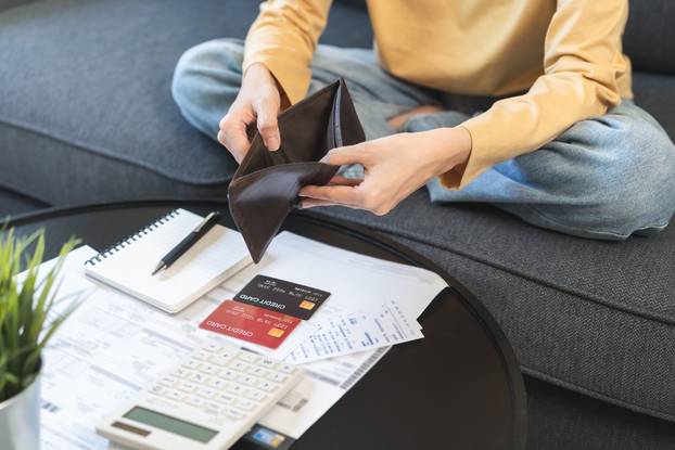 Debt,Financial,Concept,,Stressed,Problem,Asian,Woman,Hand,Open,Empty