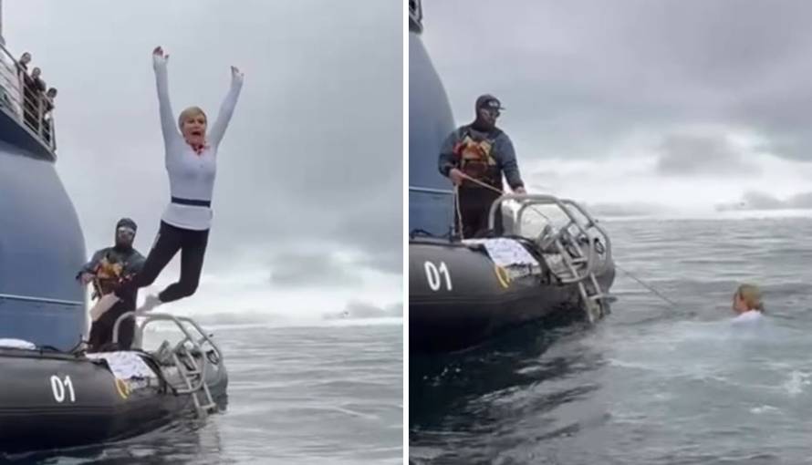 FOTO Kolinda se okupala na Antarktici, pogledajte skok u ledenu vodu: Jedan, dva, tri!