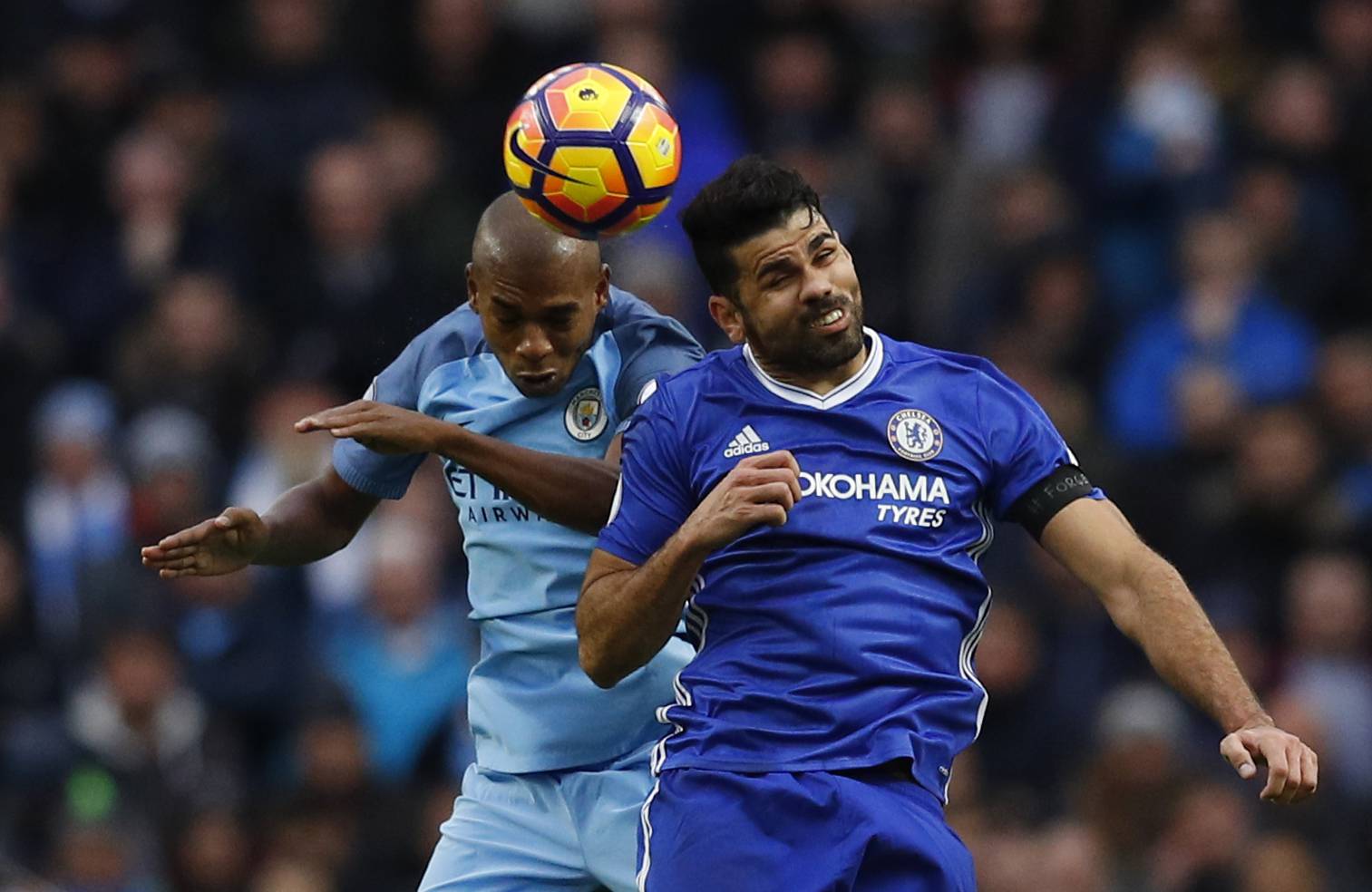 Chelsea's Diego Costa in action with Manchester City's Fernandinho