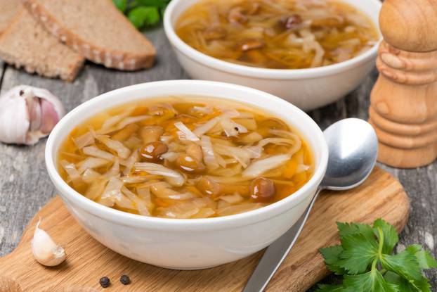 traditional Russian cabbage soup (shchi) with wild mushrooms and