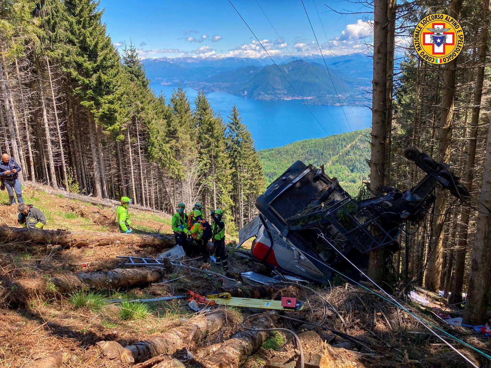 A crashed cable car is seen after it collapsed in Stresa, near Lake Maggiore