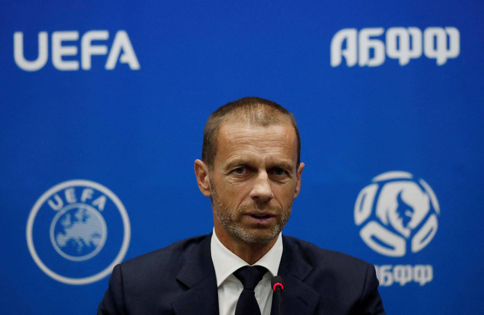 FILE PHOTO: UEFA President Aleksander Ceferin speaks during a news conference in Minsk