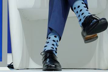 Canadian Prime Minister's Justin Trudeau's socks are seen as he attends the World Economic Forum (WEF) annual meeting in Davos