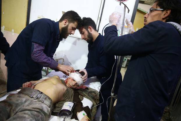 Wounded child receives medical attention at hospital in Douma, Eastern Ghouta, Damascus