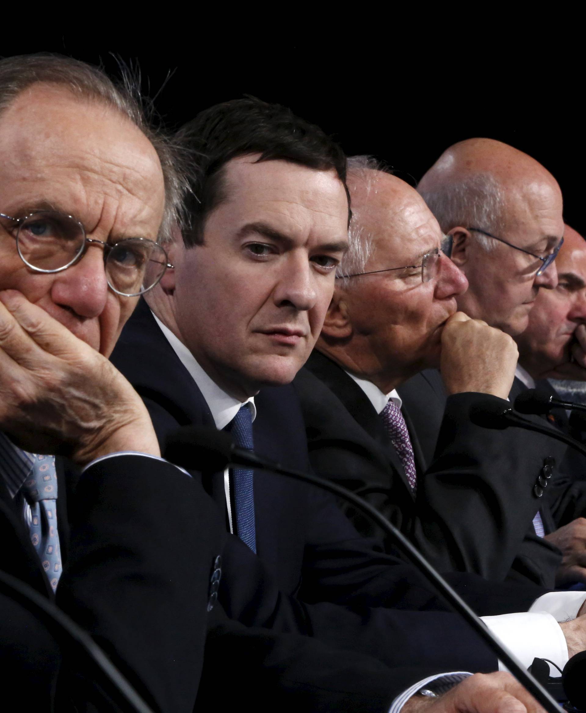 Gurria, Padoan, Osborne, Schaeuble, Sapin, Guindos and Lagarde attend a news conference at the IMF/World Bank Spring Meetings in Washington