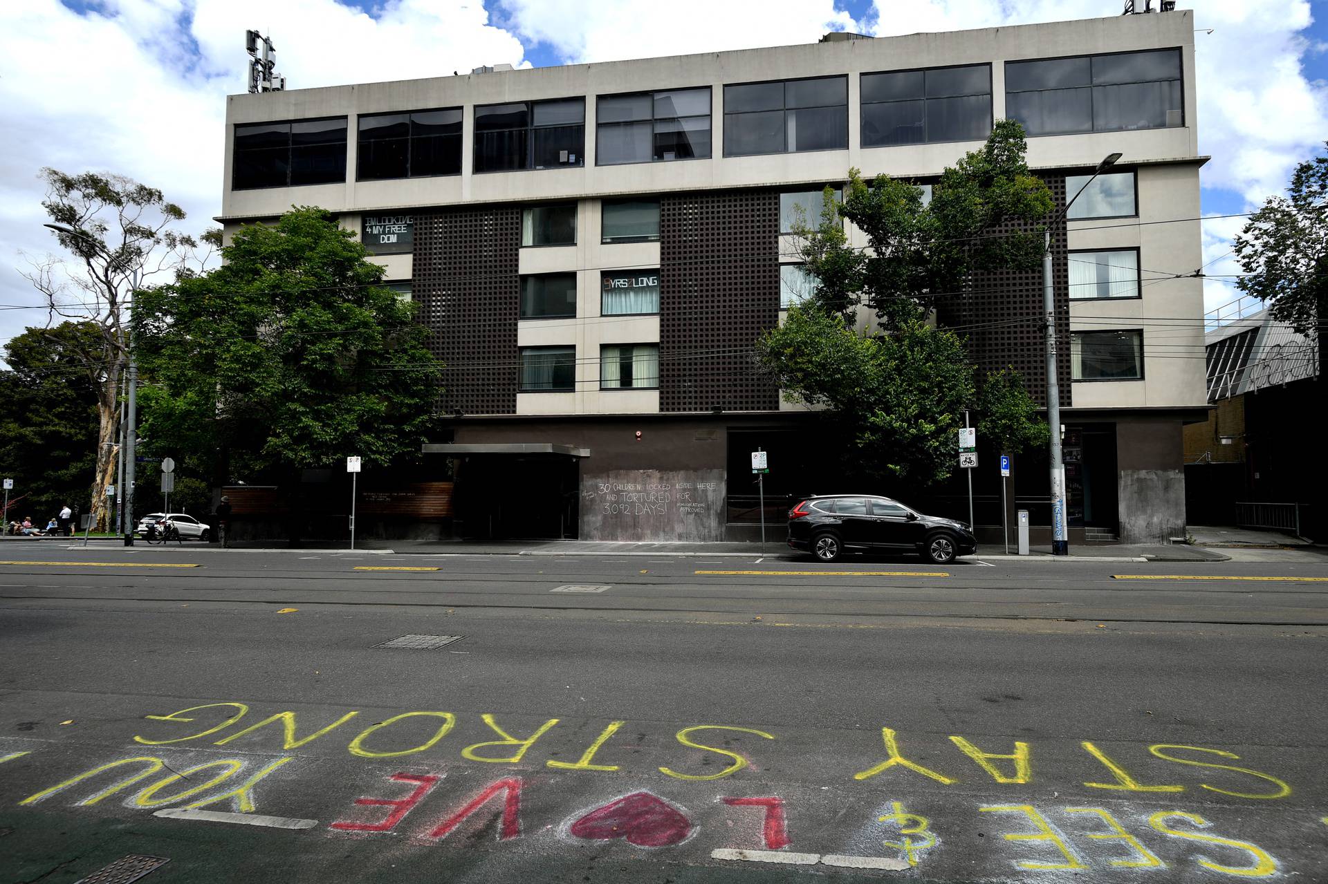 A general view of the Park Hotel, believed to be holding Serbian tennis player Novak Djokovic, in Melbourne