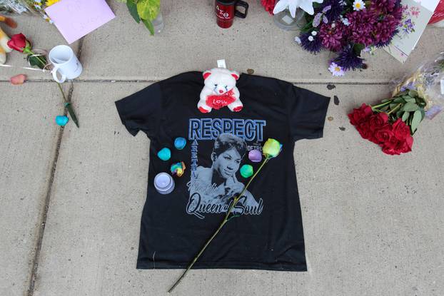 A T-shirt with a portrait of singer Aretha Franklin is seen on a memorial in her memory at New Bethel Baptist Church in Detroit