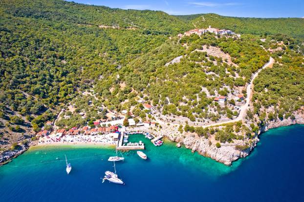 Idyllic beach and village of Beli on Cres island aerial view