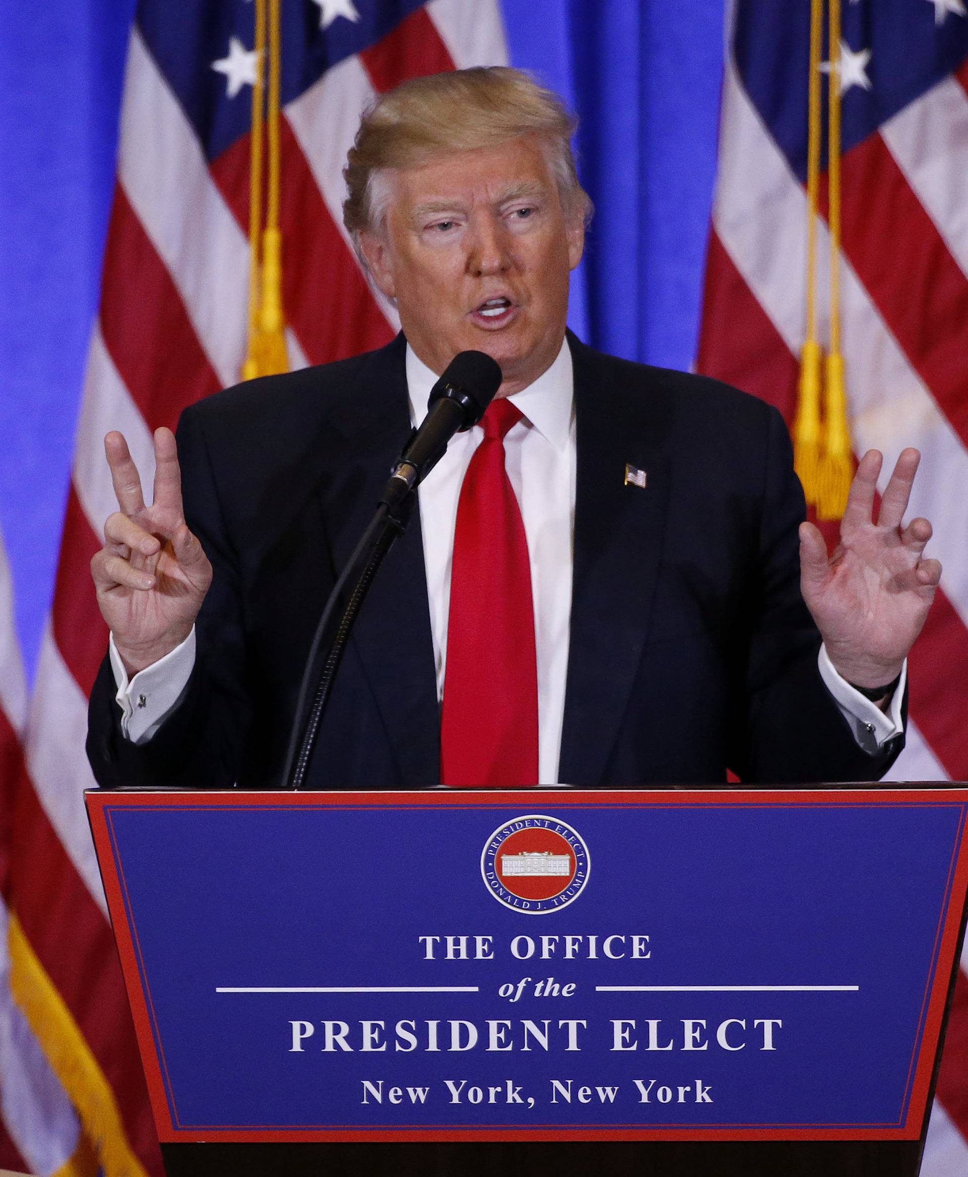 U.S. President-elect Donald Trump speaks during a news conference in the lobby of Trump Tower in Manhattan, New York City