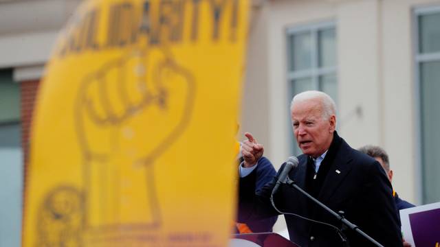 Former U.S. Vice President Joe Biden speaks at a rally with striking Stop & Shop workers in Boston