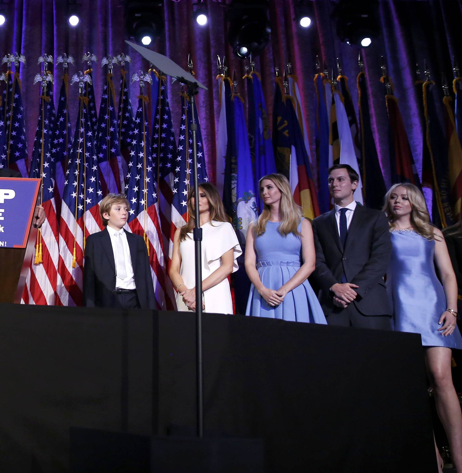 Republican U.S. president-elect Donald Trump stands with his family as he speaks at his election night rally in Manhattan, New York