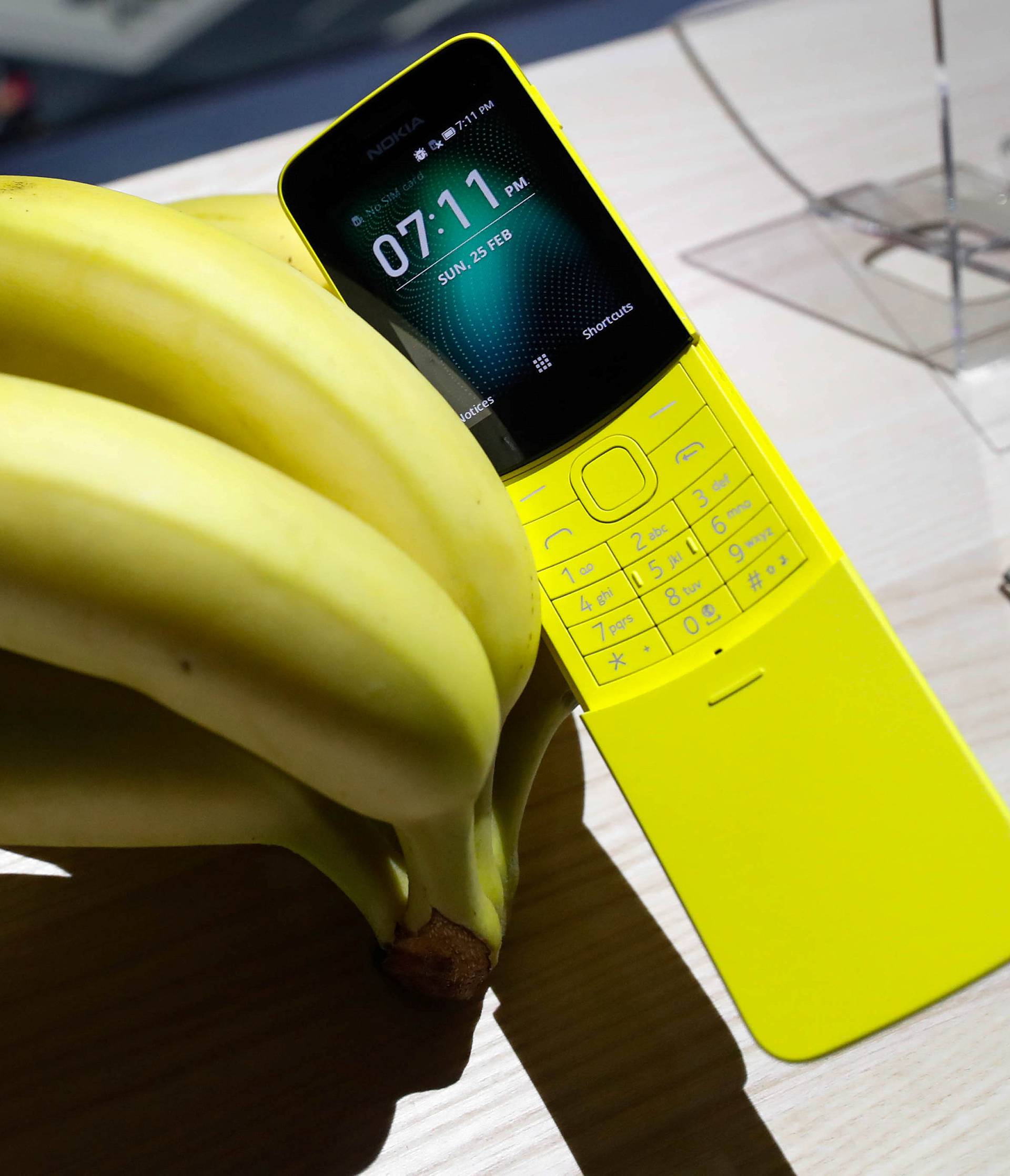 The new Nokia 8110 is displayed during the Mobile World Congress in Barcelona