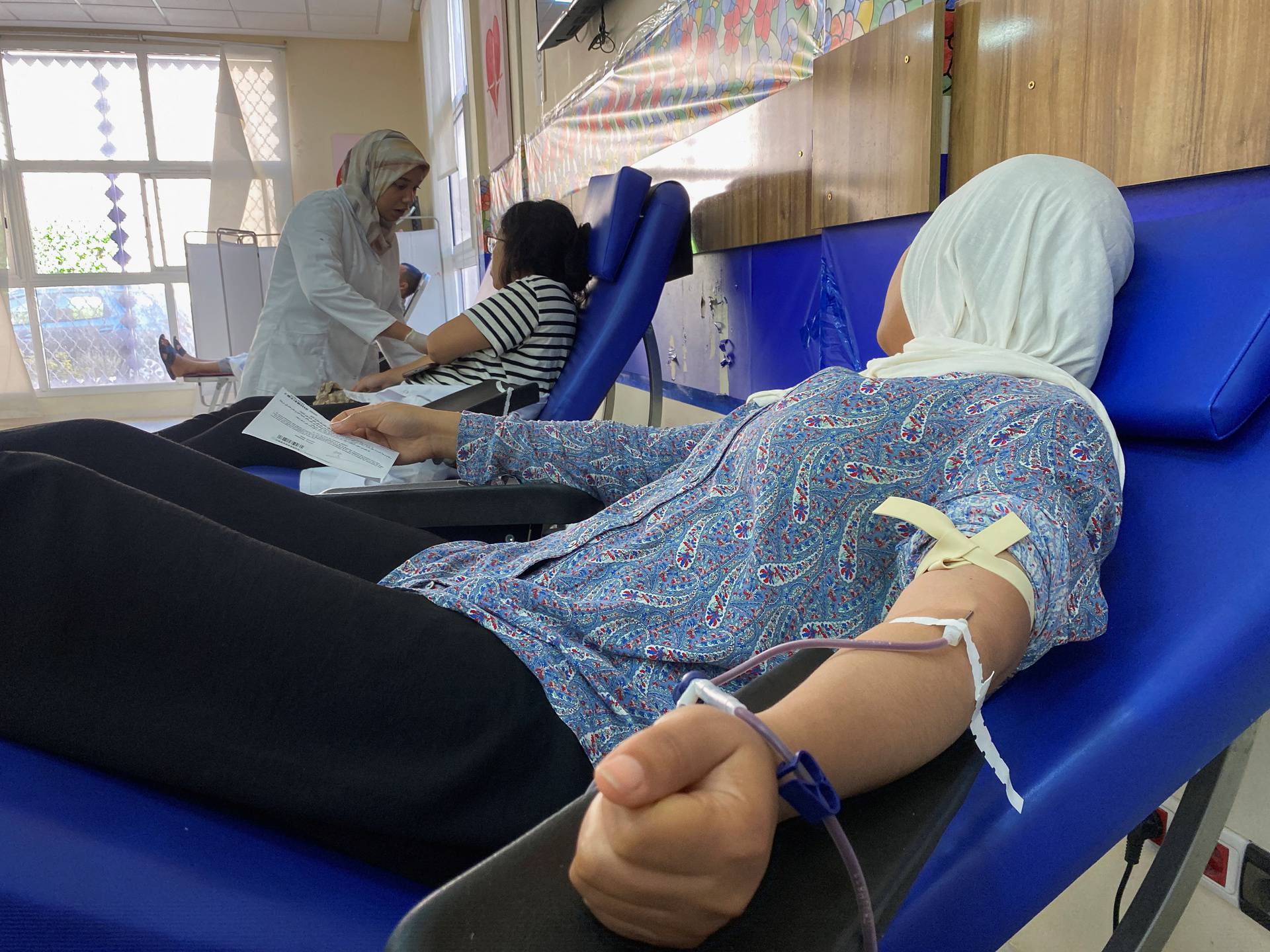 People donate blood following a powerful earthquake in Morocco