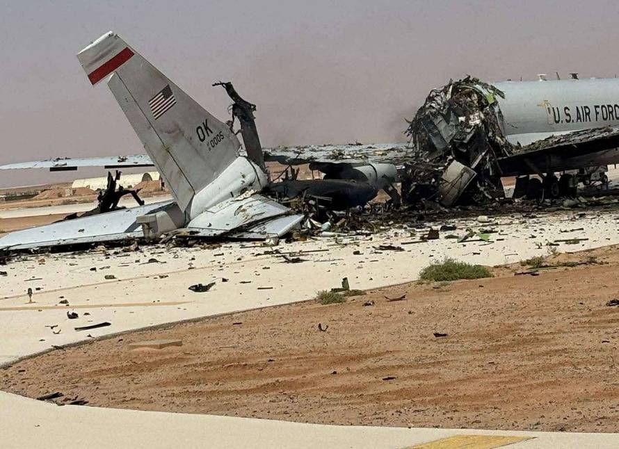 A damaged U.S. E-3 radar aircraft at Prince Sultan Air Base