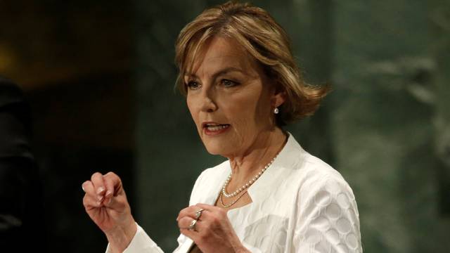 Former Croatian Foreign Minister Vesna Pusic speaks during a debate in the United Nations General Assembly between candidates vying to be the next U.N. Secretary General at U.N. headquarters in New York