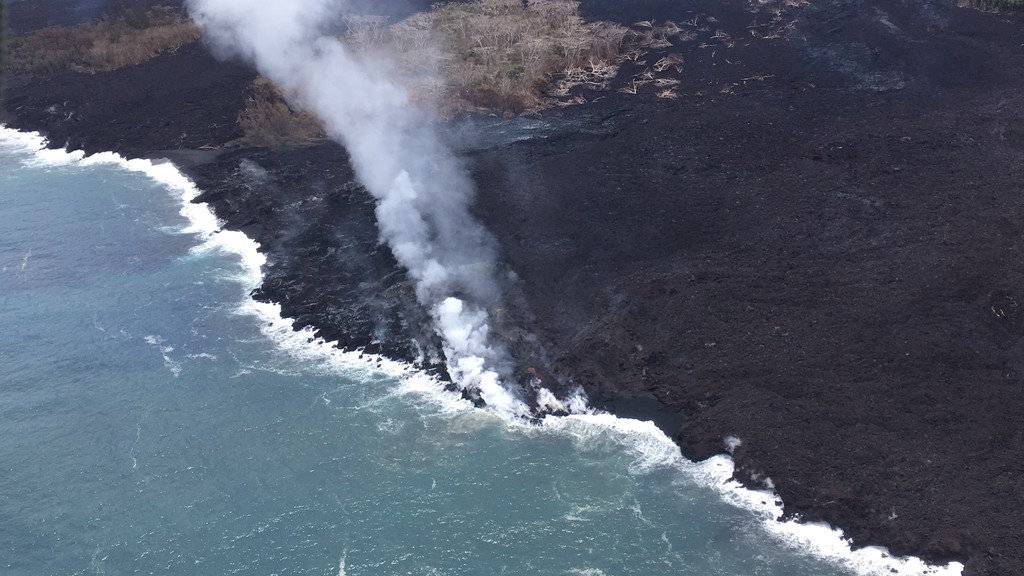 An aerial view shows a weak ocean entry after vents that supplied lava to the flow stopped erupting during ongoing eruptions of the Kilauea Volcano in Hawaii
